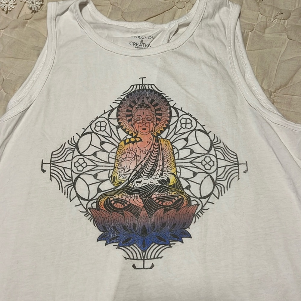 Evolution creation white tank tap T-shirt with a Buddha on it